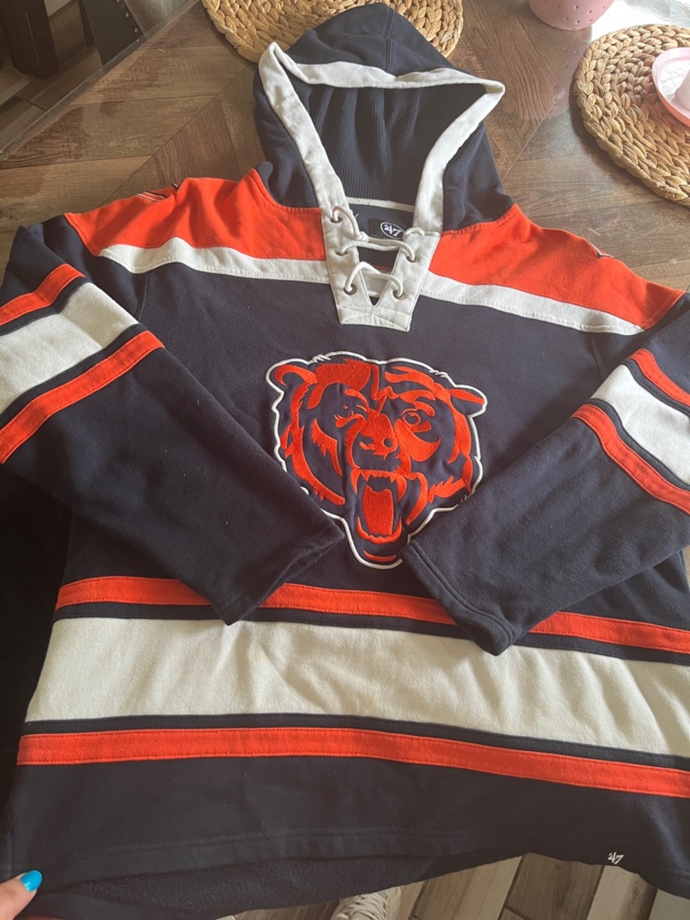 Chicago Bears '47 Brand Navy Hoodie with Cream Drawstring Accents
